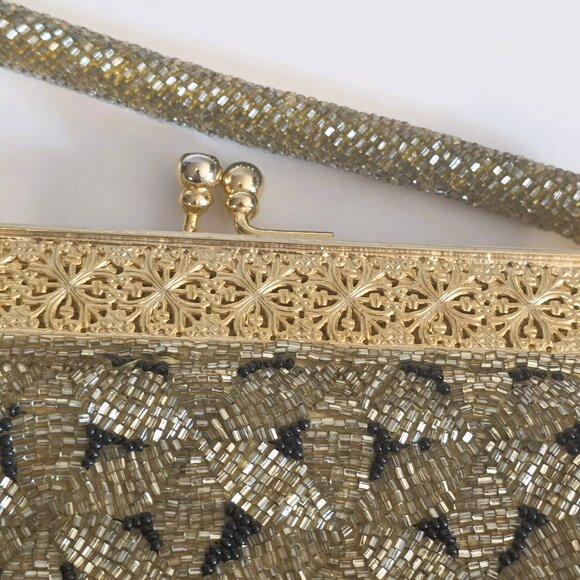 Vintage Hand Beaded Gold and Black Evening Retro Handbag with Handles - 1930s - Picture 3 of 7